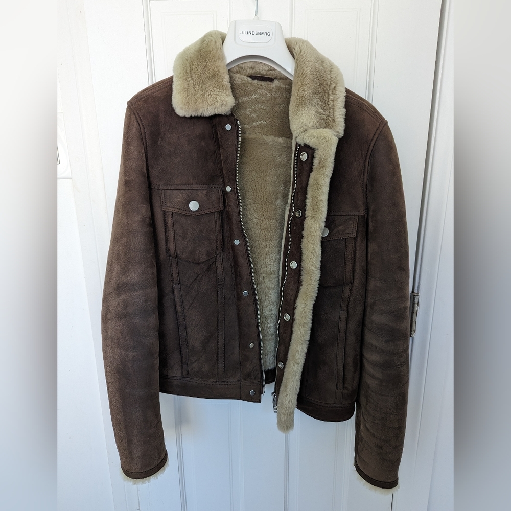 J. Lindeberg Redster Mud Shearling Suede Jacket Mud Brown Sherpa
